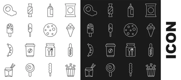 Set line Chicken leg in package box, Hotdog sandwich, Ice cream waffle cone, Sauce bottle, Scrambled eggs and Cookie or biscuit icon. Vector — Stockvektor