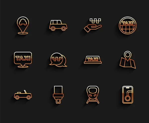 Set line Car, Safety belt, Location with taxi, High-speed train, City map navigation, Taxi call telephone service, Folded location and car roof icon. Vector — стоковый вектор