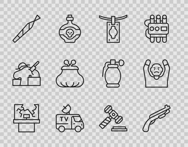 Set line Broken window, Police shotgun, Money laundering, TV News car, Marijuana joint, Wallet, Judge gavel and Thief surrendering hands up icon. Vector — Stock vektor