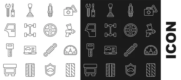 Set line Autobandenwiel, Snelheidsmeter, Verfspuitpistool, bougie, Chassis auto, deur, Schroevendraaier en moersleutel en legering icoon. Vector — Stockvector