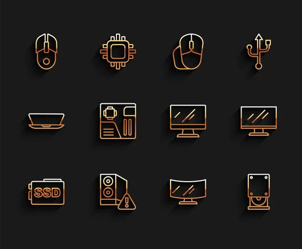 Stel lijn SSD-kaart, geval van computer, Computer muis, monitor scherm, optische schijf, Moederbord digitale chip, en pictogram. Vector — Stockvector