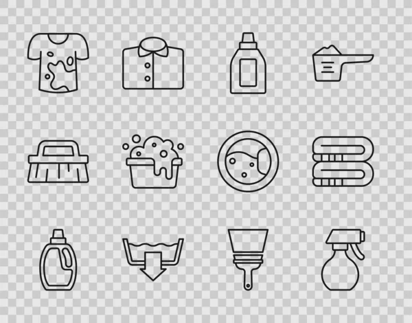 Temizlik malzemesi, su püskürtme şişesi, çamaşır yıkama modları, kirli tişört sabun köpüklü leğen, lastik temizleme pencereleri ve havlu yığını ikonu için set hattı. Vektör