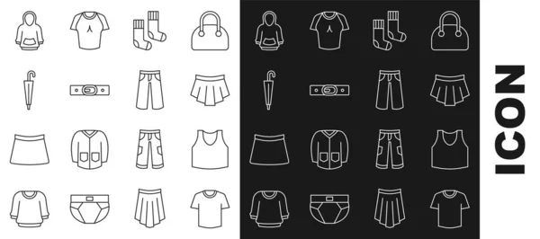 Set line T-shirt, Undershirt, Skirt, Socks, Belt, Umbrella, Hoodie and Pants icon. Vector — Vetor de Stock