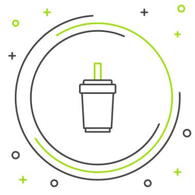 Beyaz zemin üzerinde saman ve su ikonu olan çizgi kağıt bardak. Soda bardağı. Taze soğuk içecek sembolü. Renkli taslak konsepti. Vektör