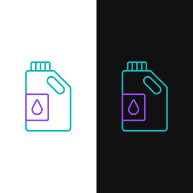 Motor makine yağı simgesi için çizgi kutusu beyaz ve siyah arkaplanda izole edildi. Benzin bidonu. Yağ değiştirme ve onarım servisi. Motor yağı işareti. Renkli taslak konsepti. Vektör