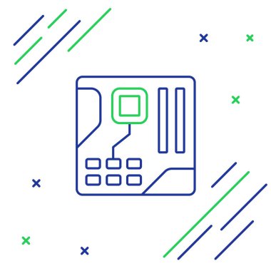 Line Electronic bilgisayar bileşenleri anakart dijital çip entegre bilim ikonu beyaz zemin üzerinde izole. Devre kartı. Renkli taslak konsepti. Vektör