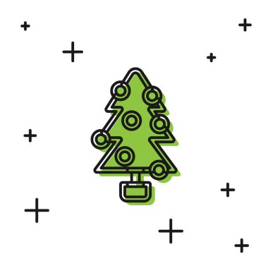 Black Christmas tree with decorations icon isolated on white background. Merry Christmas and Happy New Year. Vector