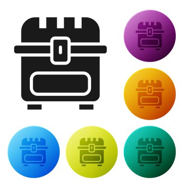 Black Antique treasure chest icon isolated on white background. Vintage wooden chest with golden coin. Set icons in color circle buttons. Vector