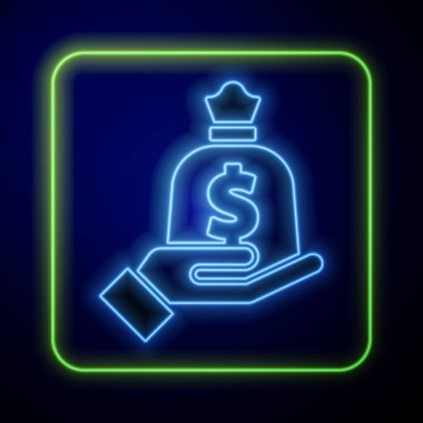 Parlayan neon el para çantası ikonu mavi arka planda izole edildi. Dolar ya da USD sembolü. Nakit bankacılık tabelası. Vektör