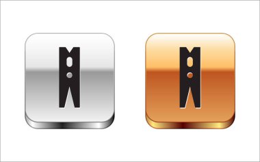 Beyaz arka planda siyah eski ahşap iğne simgesi var. Elbise askısı. Gümüş ve altın kare düğmeler. Vektör