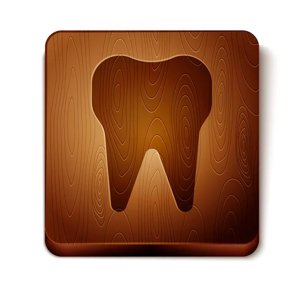 Diente marrón icono aislado sobre fondo blanco. Símbolo dental para clínica de odontología o centro médico dentista y paquete de pasta de dientes. Botón cuadrado de madera. Ilustración vectorial — Vector de stock