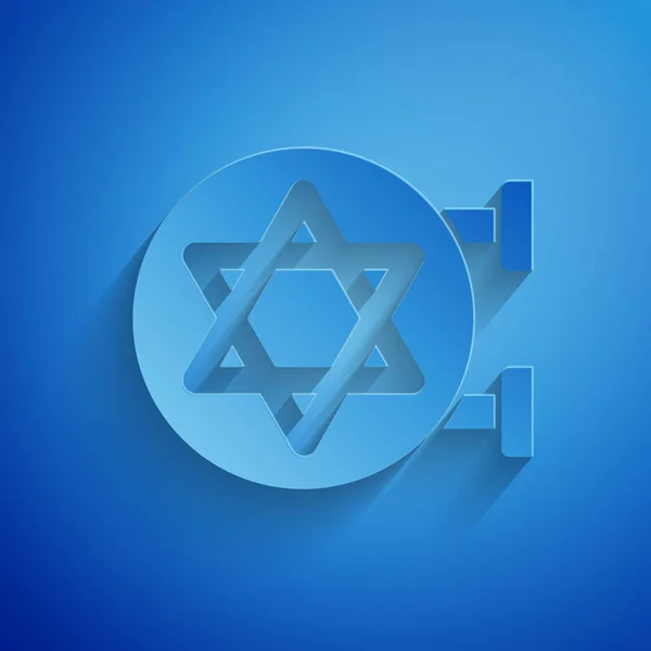 Paper cut Jewish synagogue building or jewish temple icon isolated on blue background. Hebrew or judaism construction with David star. Paper art style. Vector — Stock Vector