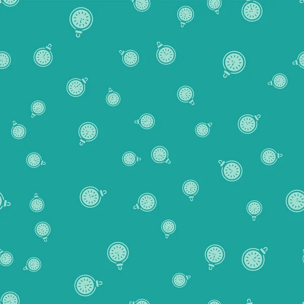 Green Pocket watch icon isolated seamless pattern on green background. Vector — 스톡 벡터