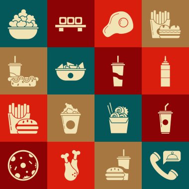Set Food ordering, Paper glass with drinking straw and water, Sauce bottle, Scrambled eggs, Nachos plate, hotdog, Popcorn bowl and icon. Vector
