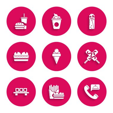 Dondurmayı waffle külahında, hamburger ve patates kızartması paketinde, yiyecek siparişi, suşi kesme tahtasında, sandviçte, Doner kebabında ve kamış burger ikonunda hazırla. Vektör