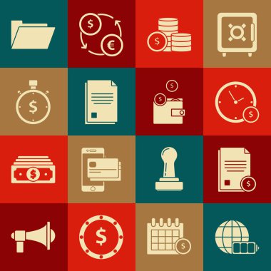 Set Battery charge level indicator with earth globe, Finance document, Time is money, Coin dollar symbol, File, Document folder and Wallet coins icon. Vector