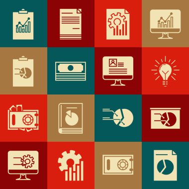 Set Document with graph chart, Board, Light bulb rays shine and concept of idea, Stacks paper money cash, Clipboard, and Computer monitor resume icon. Vector
