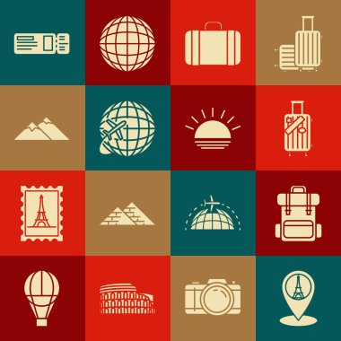 Set Map pointer with Eiffel tower, Hiking backpack, Suitcase for travel and stickers, Globe flying plane, Mountains, Travel ticket and Sunset icon. Vector