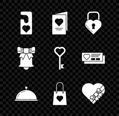 Set Please do not disturb with heart, Valentines day party flyer, Castle the shape of, Covered tray food, Shopping bag, Candy shaped box and bow, Ringing bell and Key icon. Vector