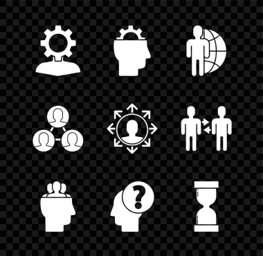Set Human with gear inside, Globe and people, Project team base, head question mark, Old hourglass flowing sand, and icon. Vector