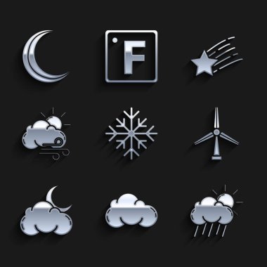 Set Snowflake, Cloud, with rain and sun, Wind turbine, moon stars, Windy weather, Falling and Moon icon. Vector