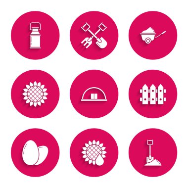 Set Hangar, Sunflower, Shovel in the ground, Garden fence wooden, Chicken egg, Wheelbarrow with dirt and Can container for milk icon. Vector