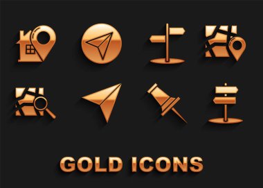 Set Paper airplane, Folded map with location marker, Road traffic sign, Push pin, Map pointer house and icon. Vector