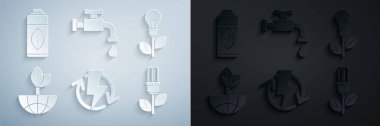 Set Recharging, Light bulb with leaf, Earth globe and, Water tap and Recycling plastic bottle icon. Vector