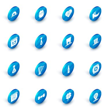 Cadı Kazanı, Dört Yaprak Yoncalı Kalp, Geleneksel Leprikon Çizmeler, Aziz Patrick Günü takvimi, Para Çantası, Kravat, Cin şapkası ve ikonu. Vektör