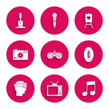 Set Gamepad, Television, Music note, tone, American Football ball, Virtual reality glasses, Photo camera, Wood easel or painting art boards and Shovel the ground icon. Vector