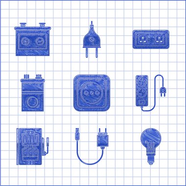 Set Electrical outlet, Charger, Light bulb with concept of idea, extension cord, panel, Car battery, and icon. Vector
