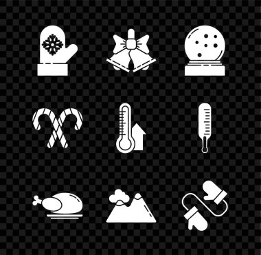 Noel eldiveni, yağan karlı kar küresi, kızarmış hindi veya tavuk, dağlar, örgü Noel eldivenleri, şeker kamışı şeritleri ve meteoroloji termometresi ikonu. Vektör