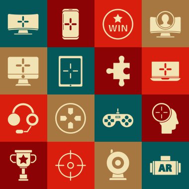 Set Ar, artırılmış gerçeklik, kafa avlama konsepti, dizüstü bilgisayar, madalya, tablet, bilgisayar monitörü ve yapboz simgesi parçası. Vektör