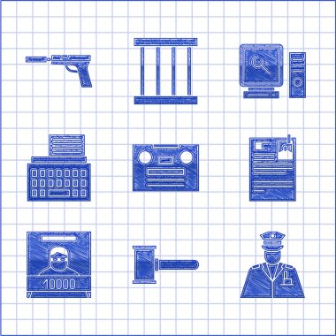 Retro ses kaseti, Yargıç tokmak, polis memuru, dava kağıdı, aranıyor posteri, daktilo, bilgisayar ekranında arama ve susturucu ikonlu tabanca ayarlayın. Vektör