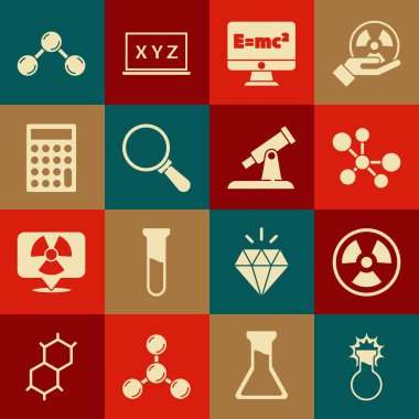 Set Test tube and flask, Radioactive, Molecule, Equation solution, Magnifying glass, Calculator, and Telescope icon. Vector