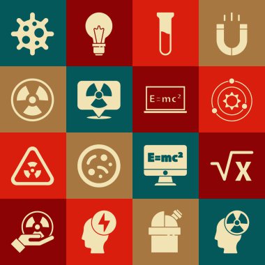 Set Head and radiation symbol, Square root of x glyph, Solar system, Test tube flask, Radioactive in location, Virus and Equation solution icon. Vector