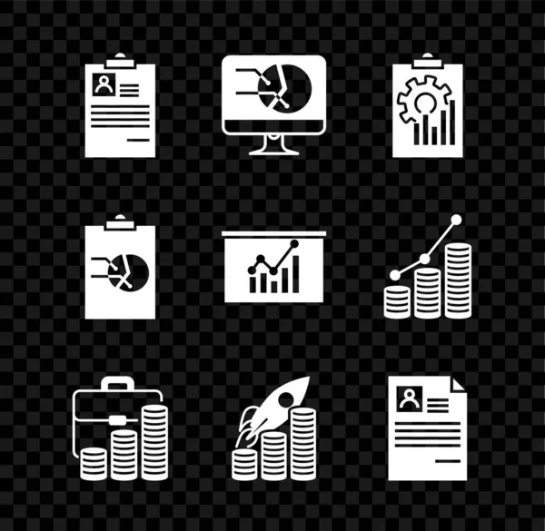 Set Clipboard with resume, Computer monitor graph chart, Briefcase and coin, Rocket flying up coins growth, Resume, and Board icon. Vector — Image vectorielle