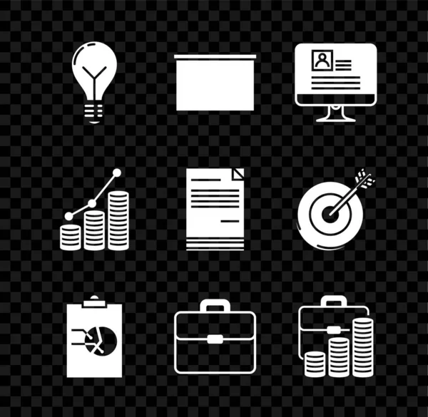 Set Light bulb with concept of idea, Chalkboard, Computer monitor resume, Clipboard graph chart, Briefcase, and coin, Pie infographic and Document icon. Vector — ストックベクタ