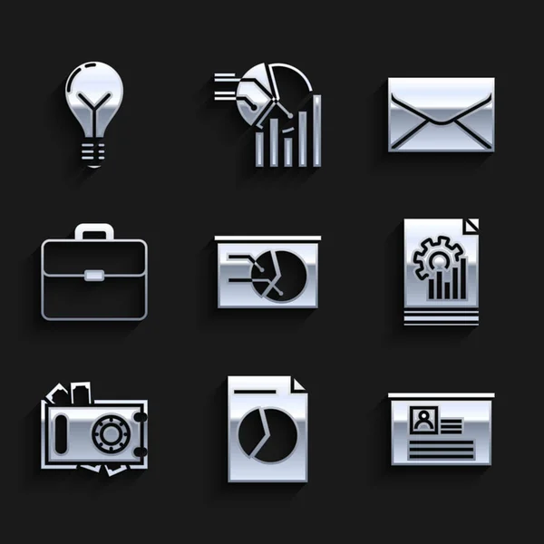 Set Board with graph chart, Document, resume, Safe and money, Briefcase, Envelope and Light bulb concept of idea icon. Vector — Διανυσματικό Αρχείο