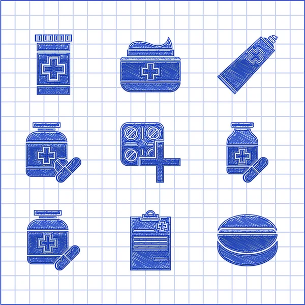 Set Pills in blister pack, Medical clipboard with clinical record, Medicine pill tablet, bottle and pills, Ointment cream tube medicine and icon. Vector — Image vectorielle