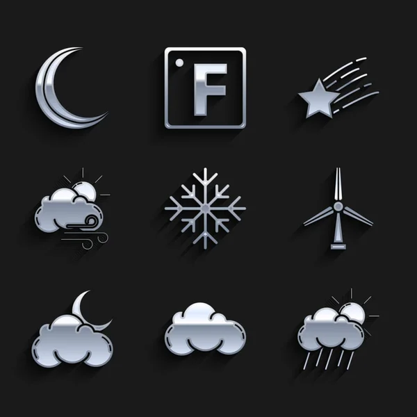 Set Snowflake, Cloud, with rain and sun, Wind turbine, moon stars, Windy weather, Falling and Moon icon. Vector — Vettoriale Stock