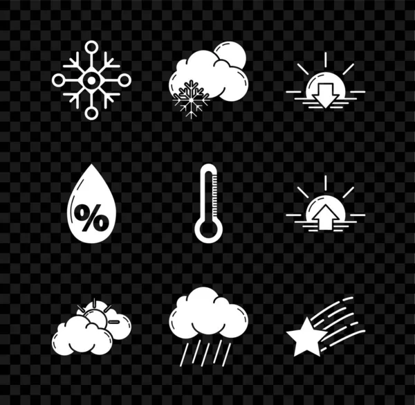 Set Snowflake, Cloud with snow and sun, Sunset, cloud weather, rain, Falling star, Water drop percentage and Thermometer icon. Vector —  Vetores de Stock