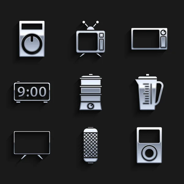 Set Double boiler, Stereo speaker, Music player, Measuring cup, Smart Tv, Digital alarm clock, Microwave oven and Remote control icon. Vector — Stockový vektor
