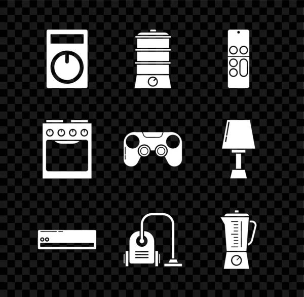 Set Remote control, Double boiler, Air conditioner, Vacuum cleaner, Blender, Oven and Gamepad icon. Vector — Image vectorielle