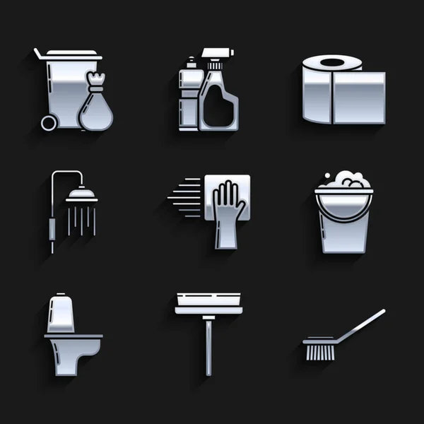 Set Cleaning service, Squeegee, scraper, wiper, Toilet brush, Bucket with foam and bubbles, bowl, Shower head water drops flowing, paper roll and Trash can icon. Vector — стоковый вектор