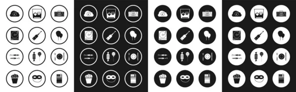 Set Home stereo with two speakers, Vinyl player vinyl disk, Music streaming service, Balloons ribbon, Glass of whiskey and cubes, Plate, fork knife and Grilled shish kebab icon. Vector — стоковый вектор