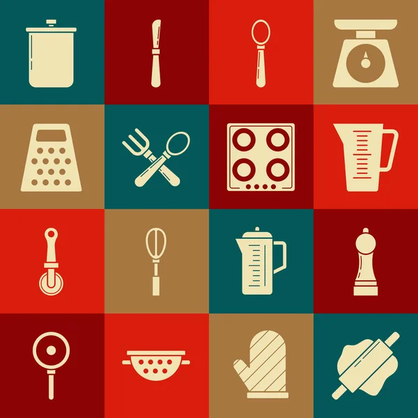 Set Rolling pin, Pepper, Measuring cup, Spoon, Crossed fork and spoon, Grater, Cooking pot and Gas stove icon. Vector