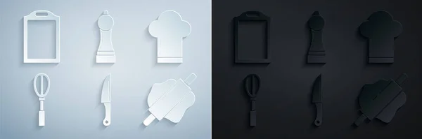 Set Knife, Chef hat, Kitchen whisk, Rolling pin, Pepper and Cutting board icon. Vector —  Vetores de Stock