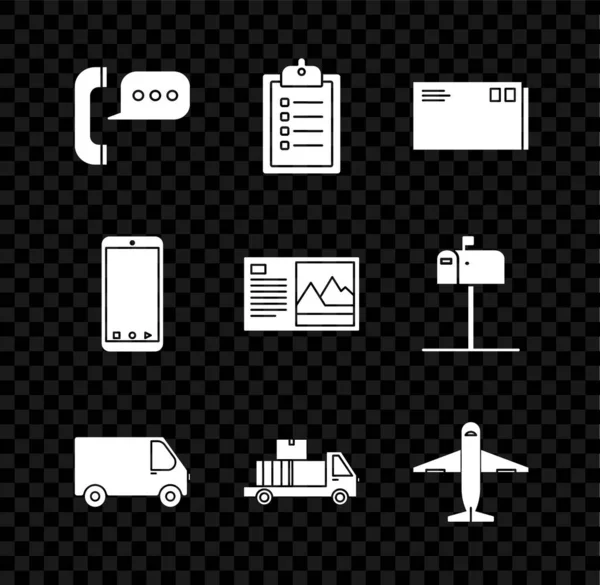Set Telephone with speech bubble chat, Verification of delivery list clipboard, Envelope, Delivery cargo truck vehicle, cardboard boxes, Plane, Mobile app tracking and Postcard icon. Vector — Image vectorielle