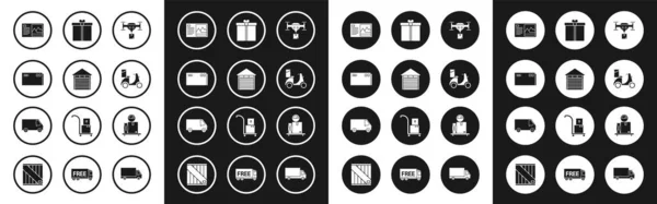 Set Delivery drone with the package, Closed warehouse, Envelope, Postcard, Scooter delivery, Gift box, Scale cardboard and cargo truck vehicle icon. Vector — Stockový vektor